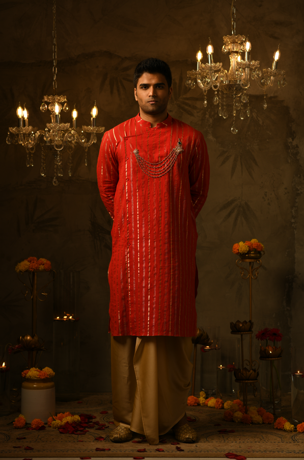 Jones Red Royal Embroidered Kurta & Silk Lungi Set