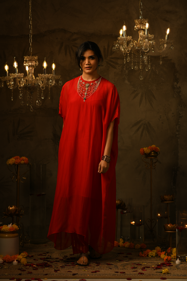 Bhavana Embroidered Red Kaftan & Pant Set