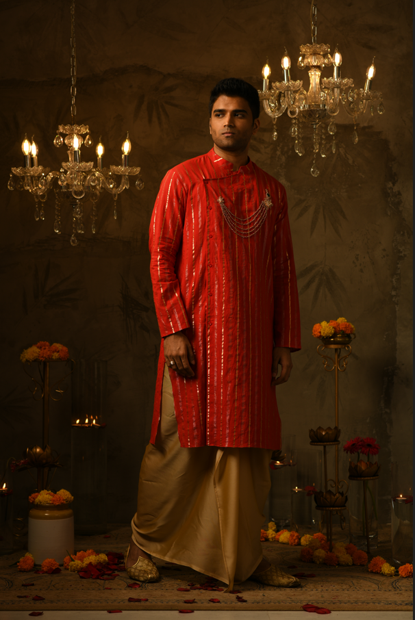 Jones Red Royal Embroidered Kurta & Silk Lungi Set
