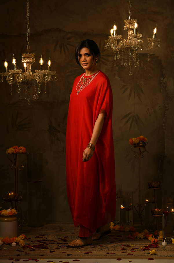 Bhavana Embroidered Red Kaftan & Pant Set