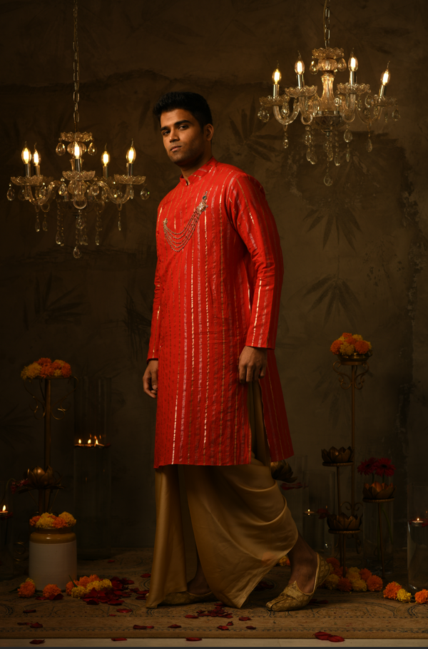 Jones Red Royal Embroidered Kurta & Silk Lungi Set