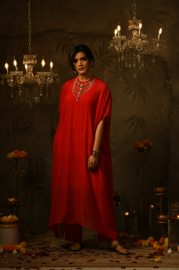 Bhavana Embroidered Red Kaftan & Pant Set