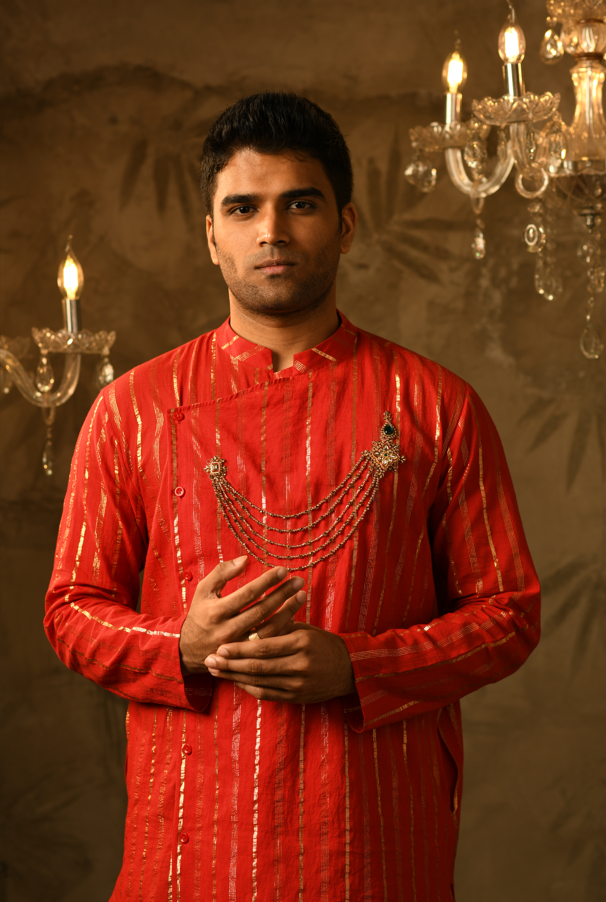 Jones Red Royal Embroidered Kurta & Silk Lungi Set