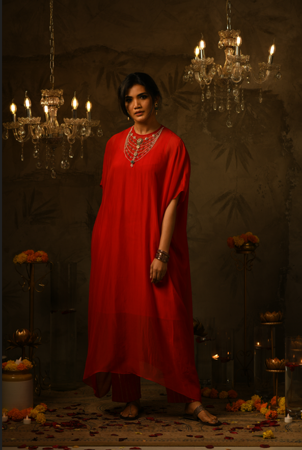Bhavana Embroidered Red Kaftan & Pant Set
