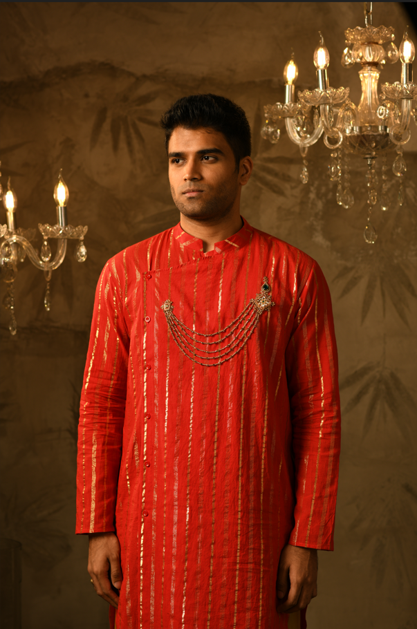 Jones Red Royal Embroidered Kurta & Silk Lungi Set