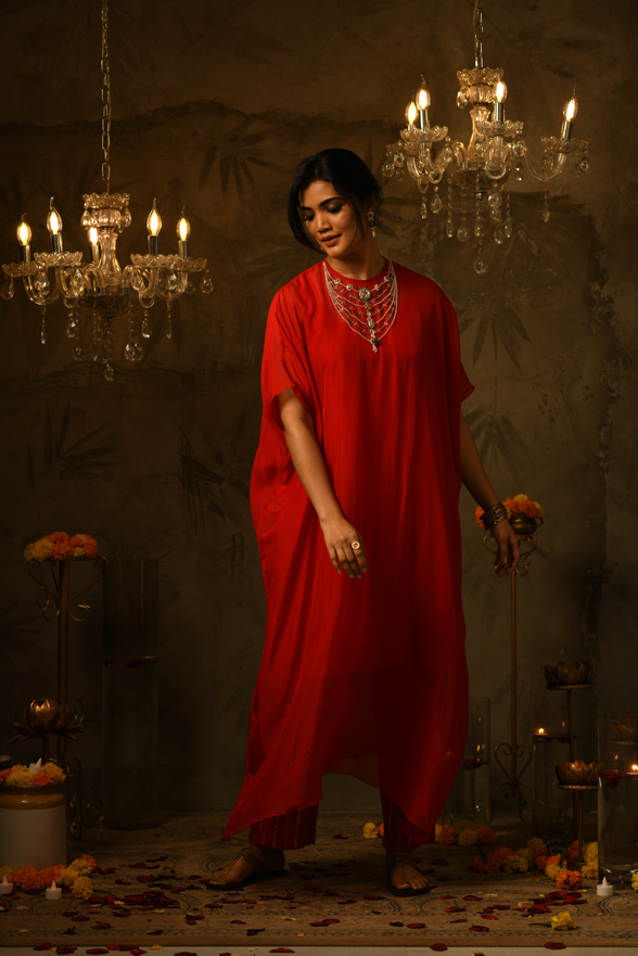 Bhavana Embroidered Red Kaftan & Pant Set