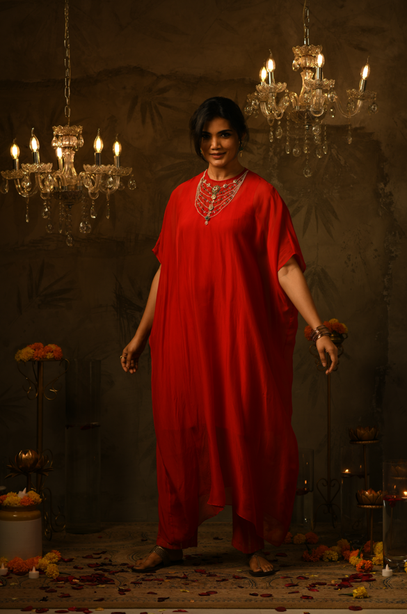 Bhavana Embroidered Red Kaftan & Pant Set