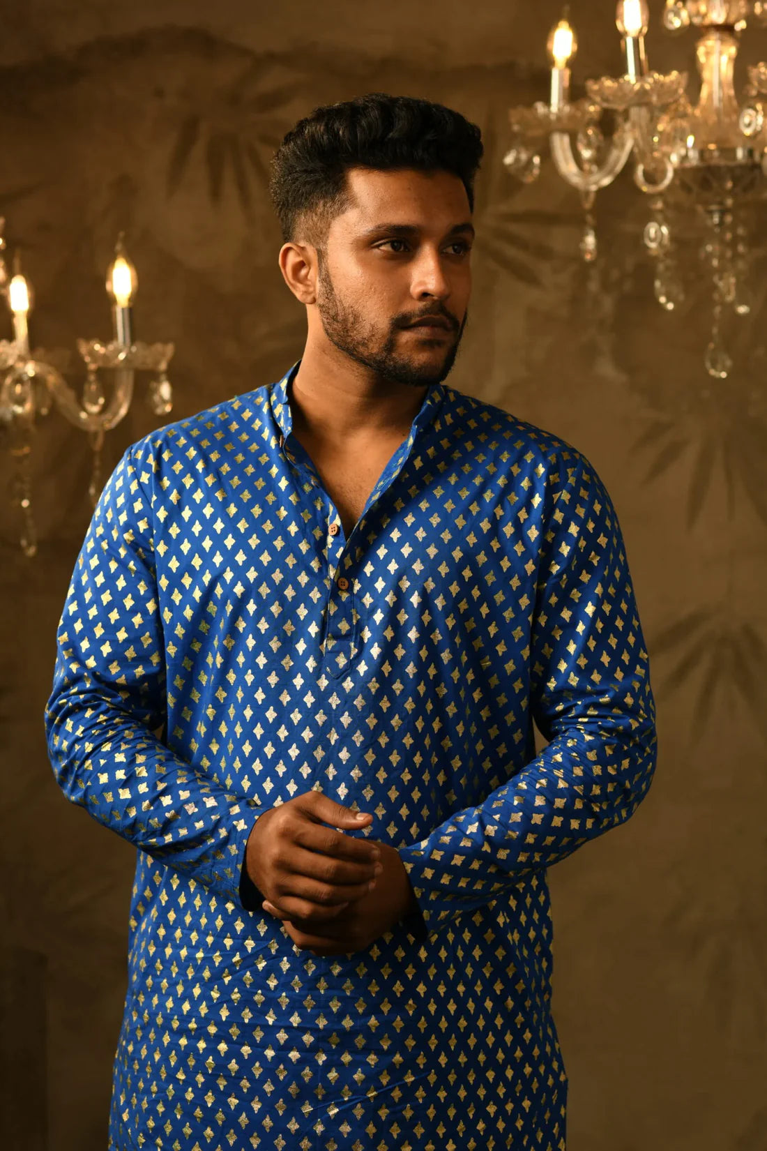Abhijit Royal Blue Foil Print Kurta & Golden Pant Set