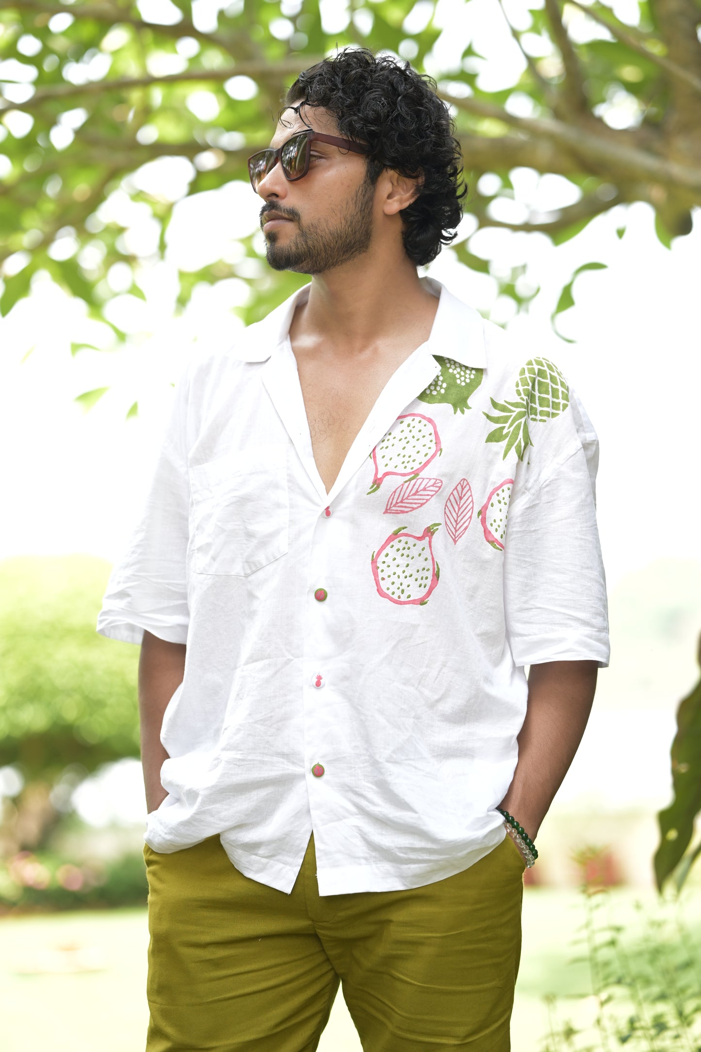 Pomogranate Placement Cuban Collar Cotton Shirt