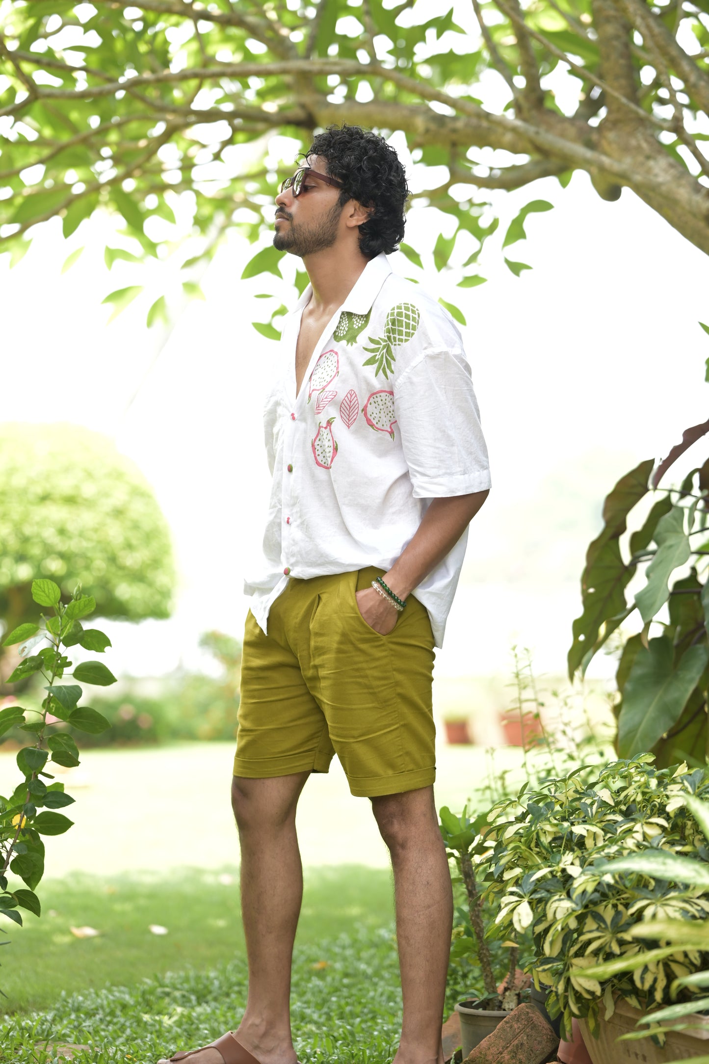 Pomogranate Placement Cuban Collar Cotton Shirt