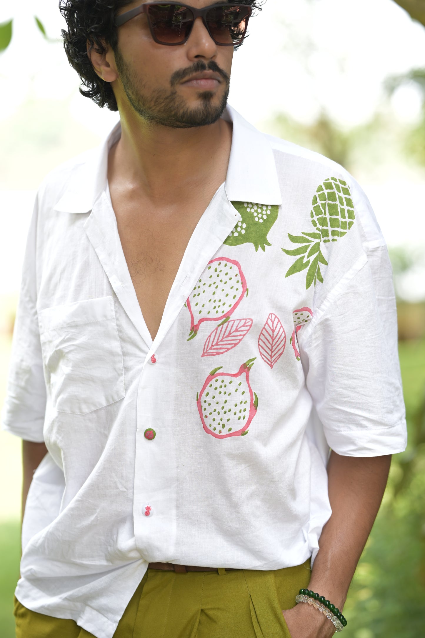Pomogranate Placement Cuban Collar Cotton Shirt
