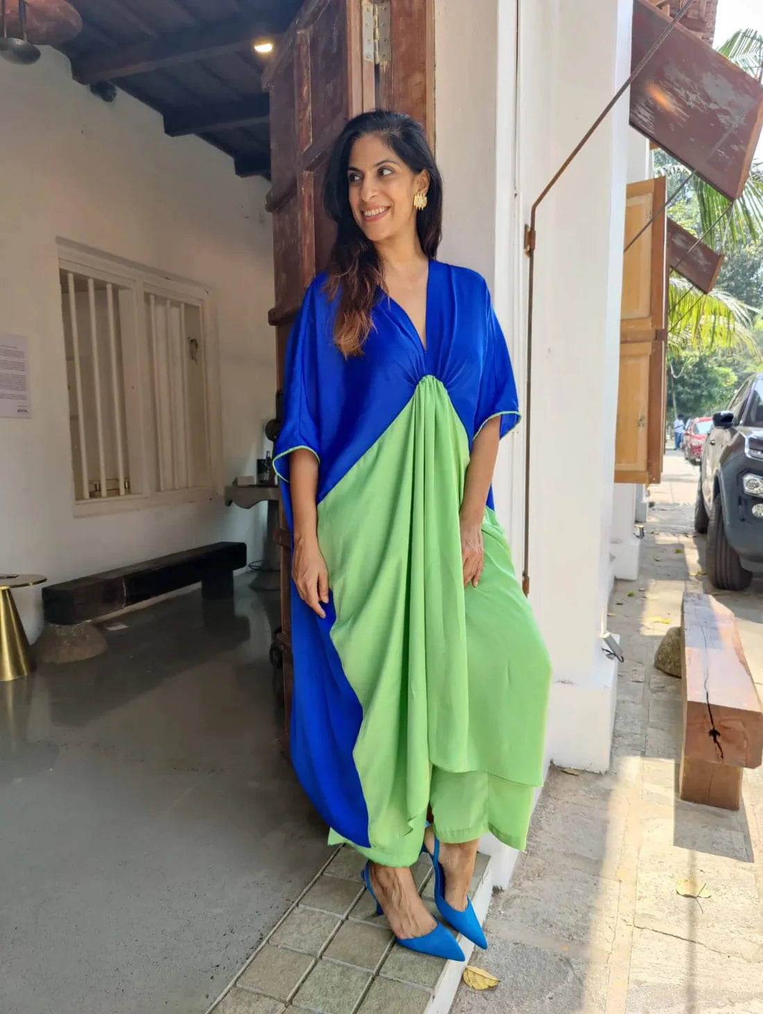Blue & Green Super Satin Kaftan Set