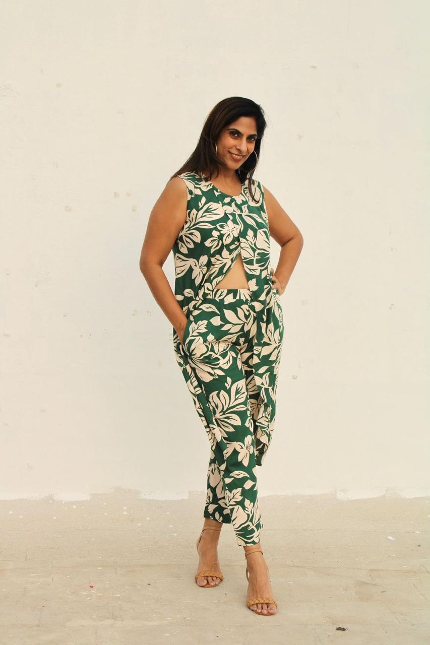Green Floral Sleeveless Top with Pant Coord Set