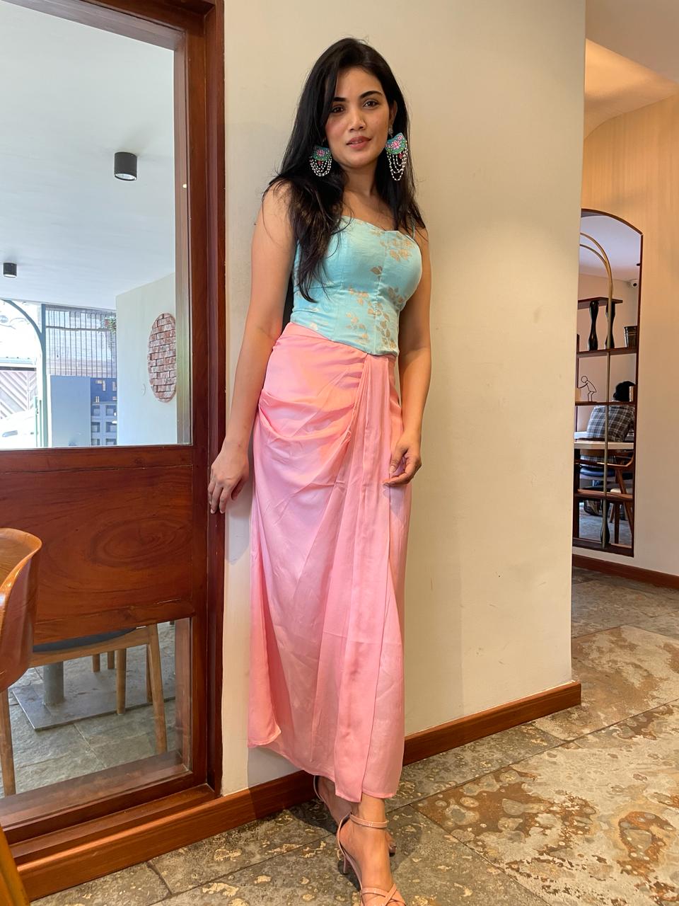 Sky Blue Corset Blouse & Pink Drap Skirt
