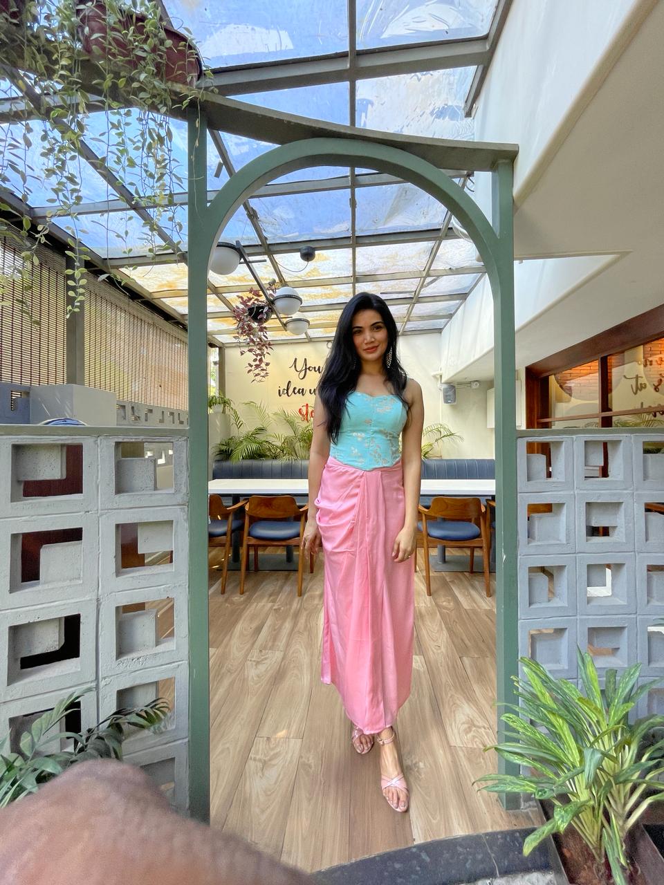 Sky Blue Corset Blouse & Pink Drap Skirt