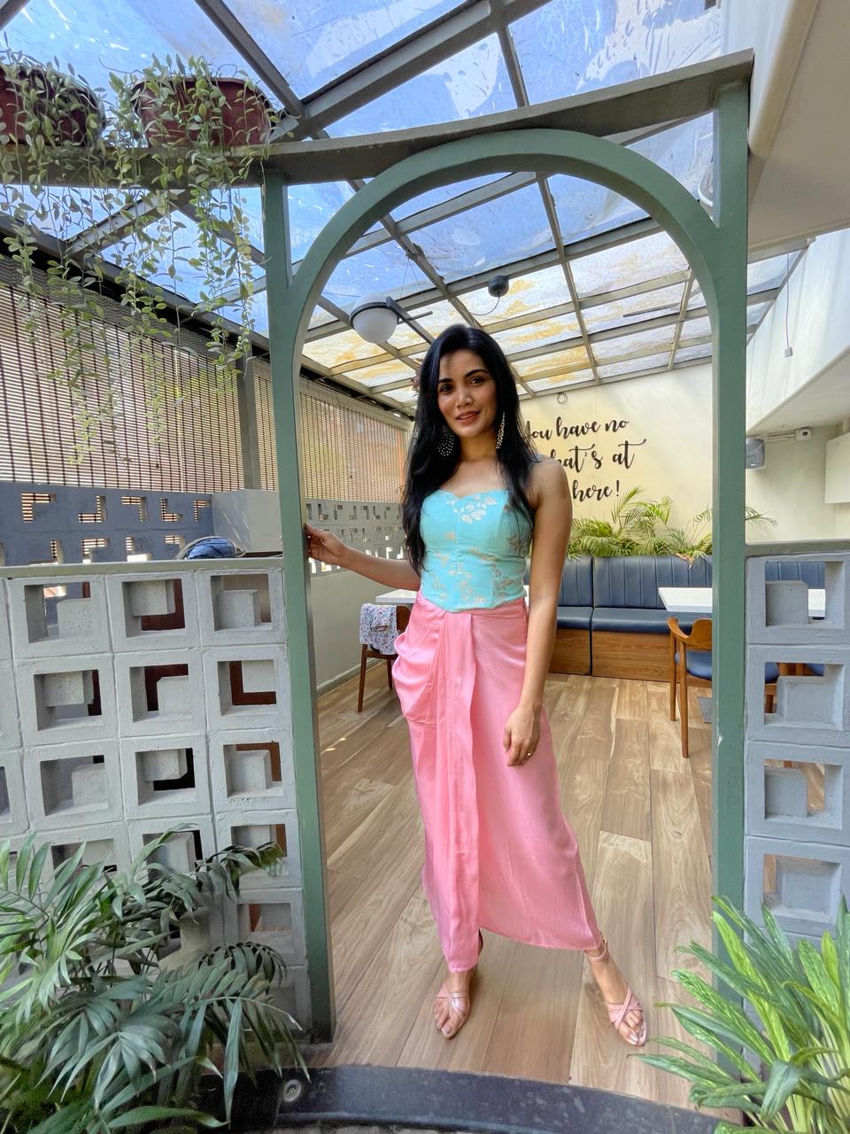Sky Blue Corset Blouse & Pink Drap Skirt