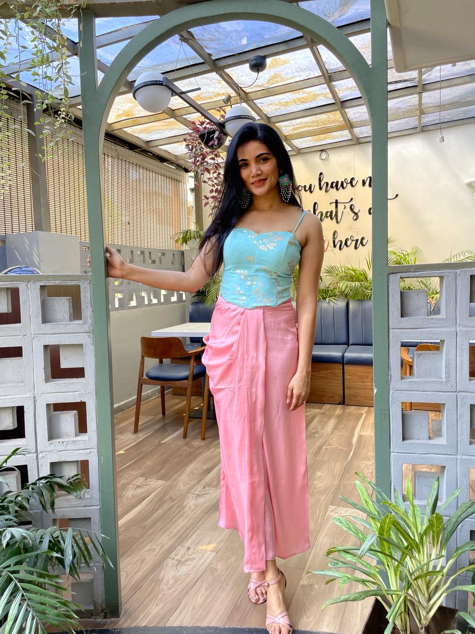 Sky Blue Corset Blouse & Pink Drap Skirt