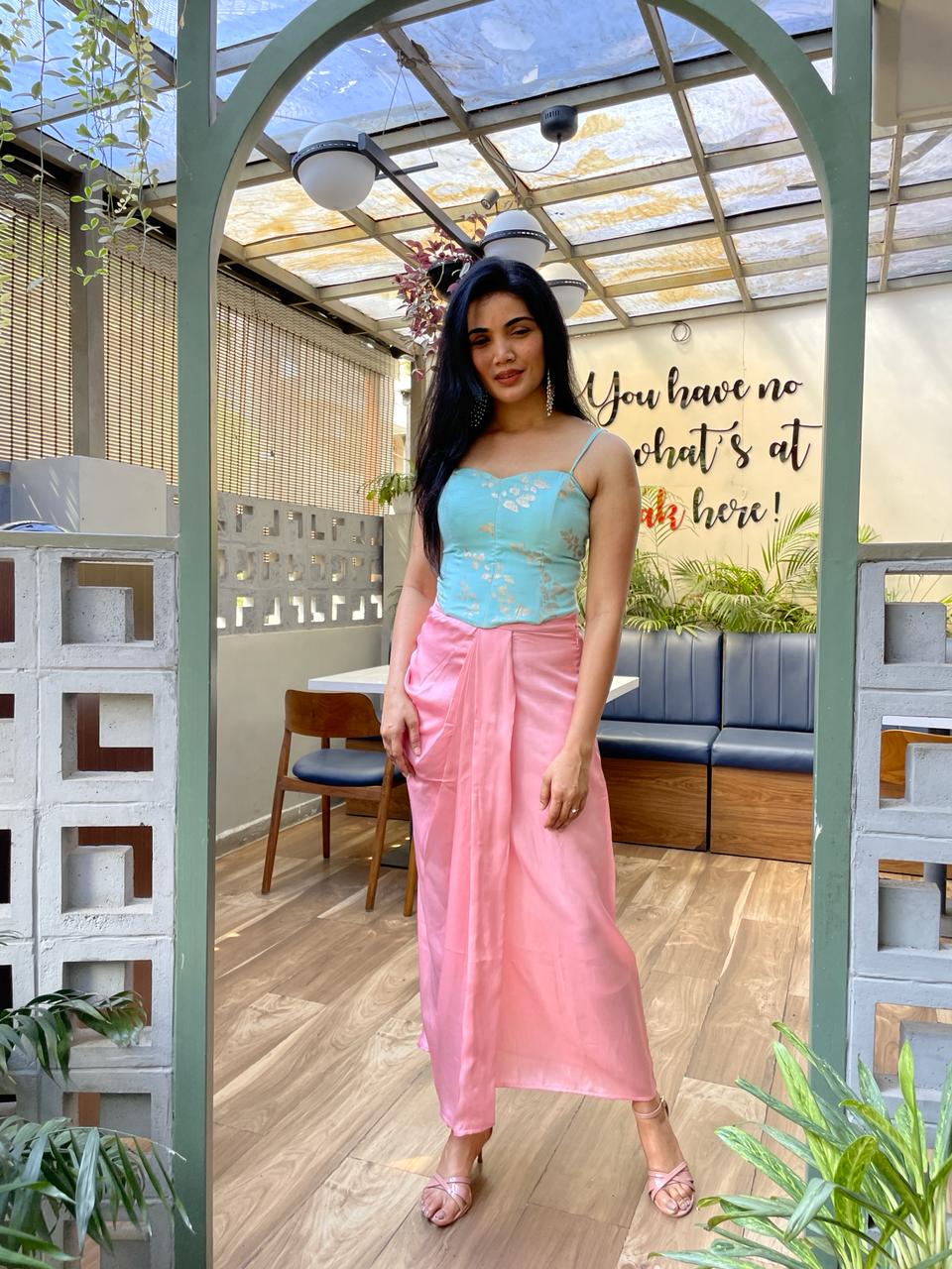 Sky Blue Corset Blouse & Pink Drap Skirt