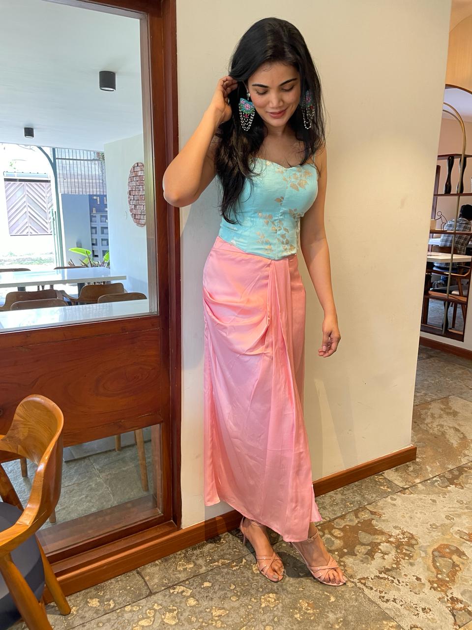 Sky Blue Corset Blouse & Pink Drap Skirt