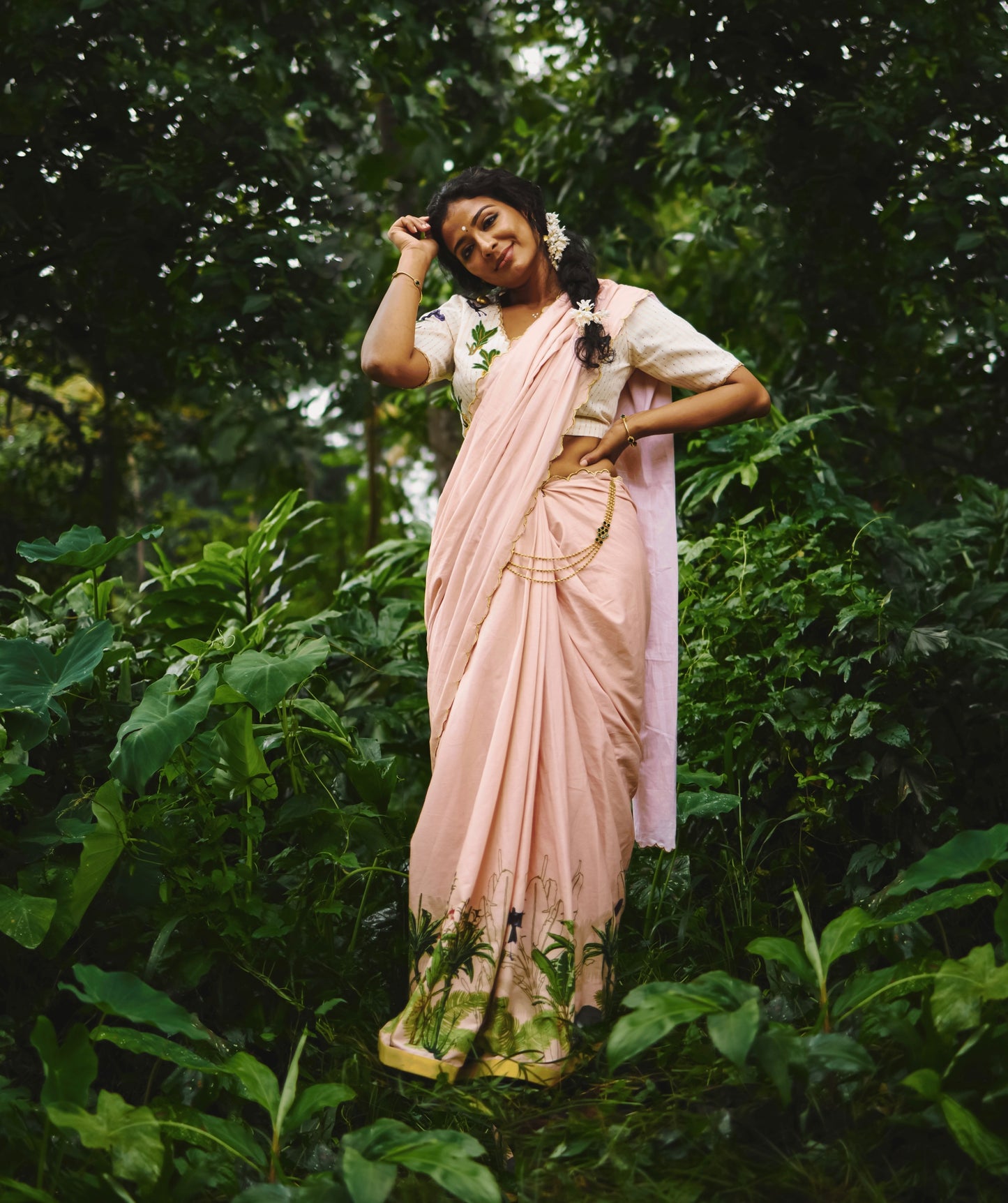 Kattil Onam Embroidered Blouse with Printed Saree