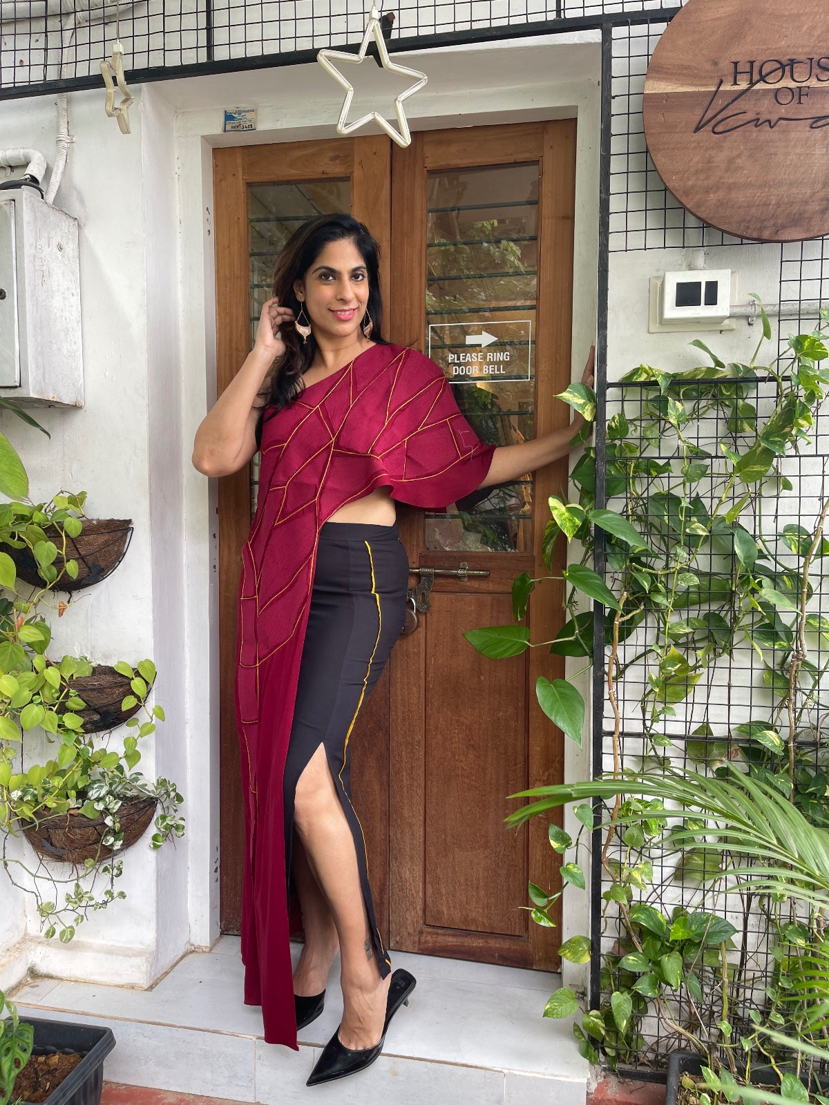 Red Mosaic Asymmetrical Top & Black Pants