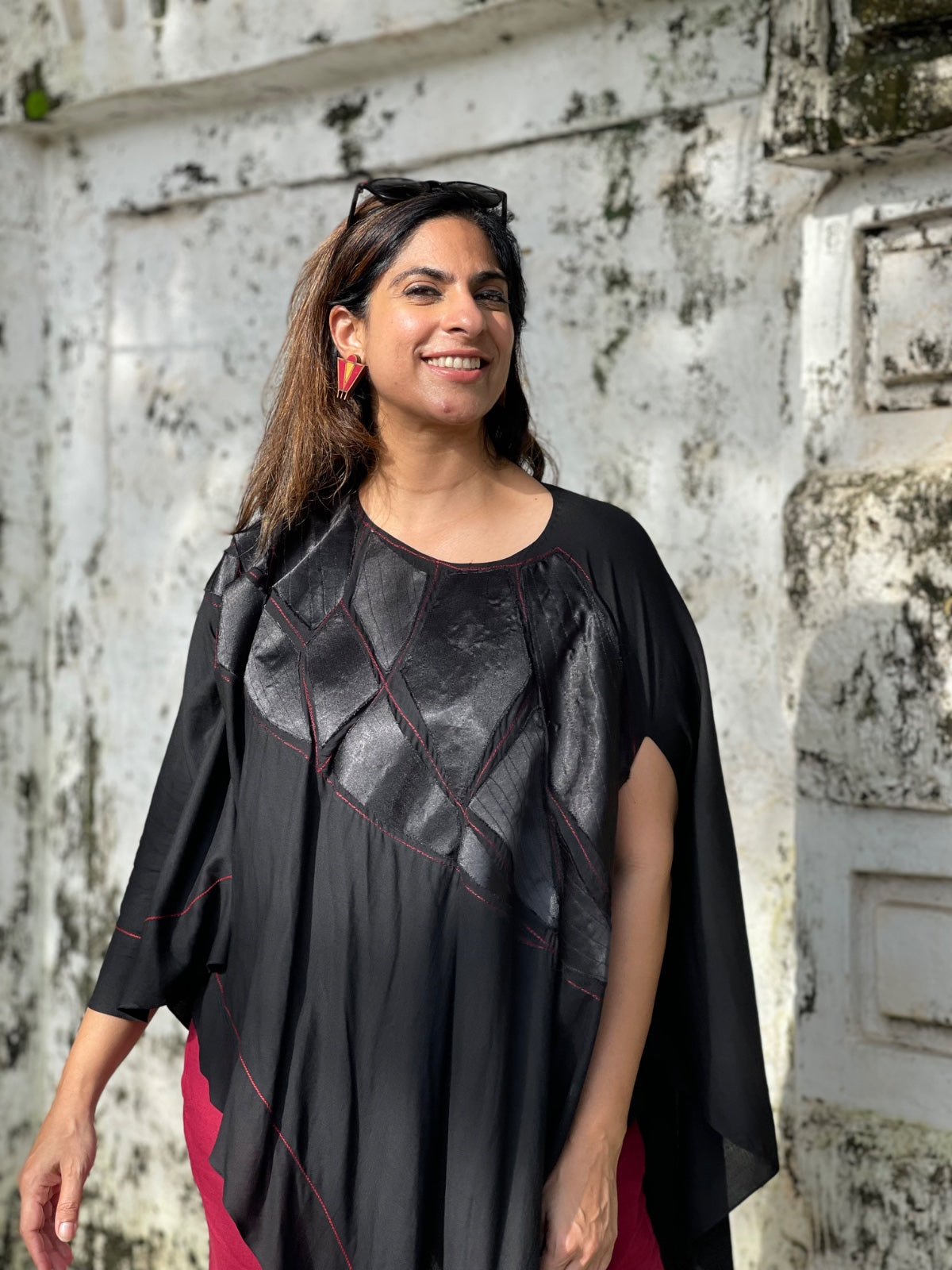 Black Mosaic Asymmetrical Top & Red Pants