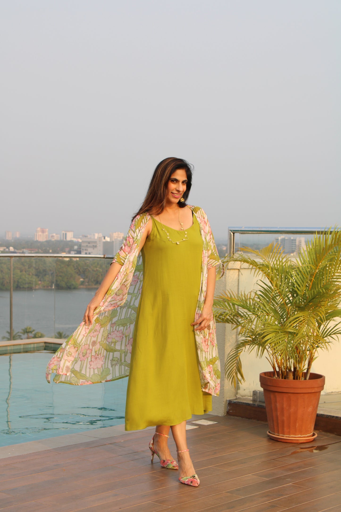Kamalam Printed Overlay with Green Cotton Slip