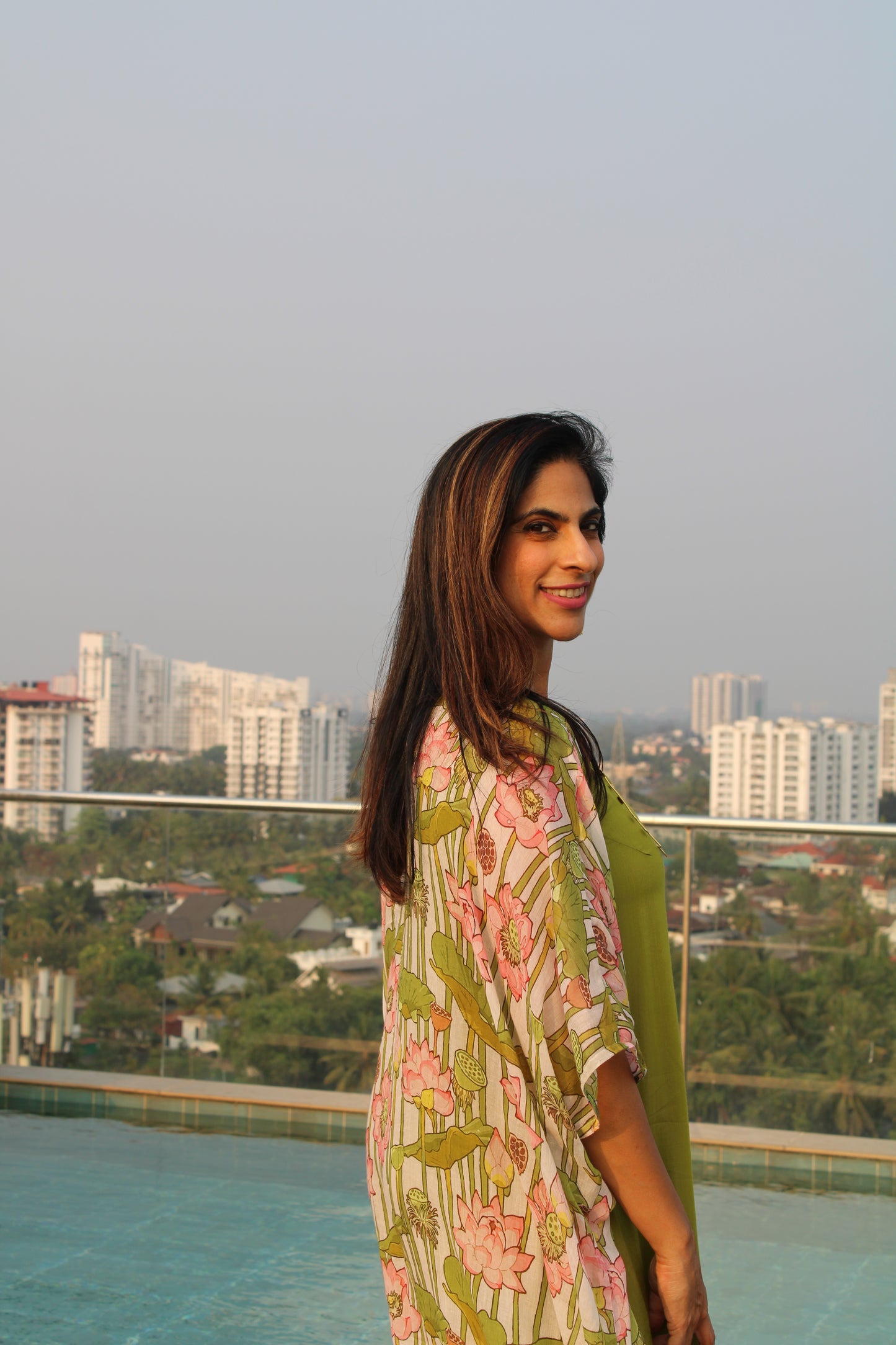 Kamalam Printed Overlay with Green Cotton Slip