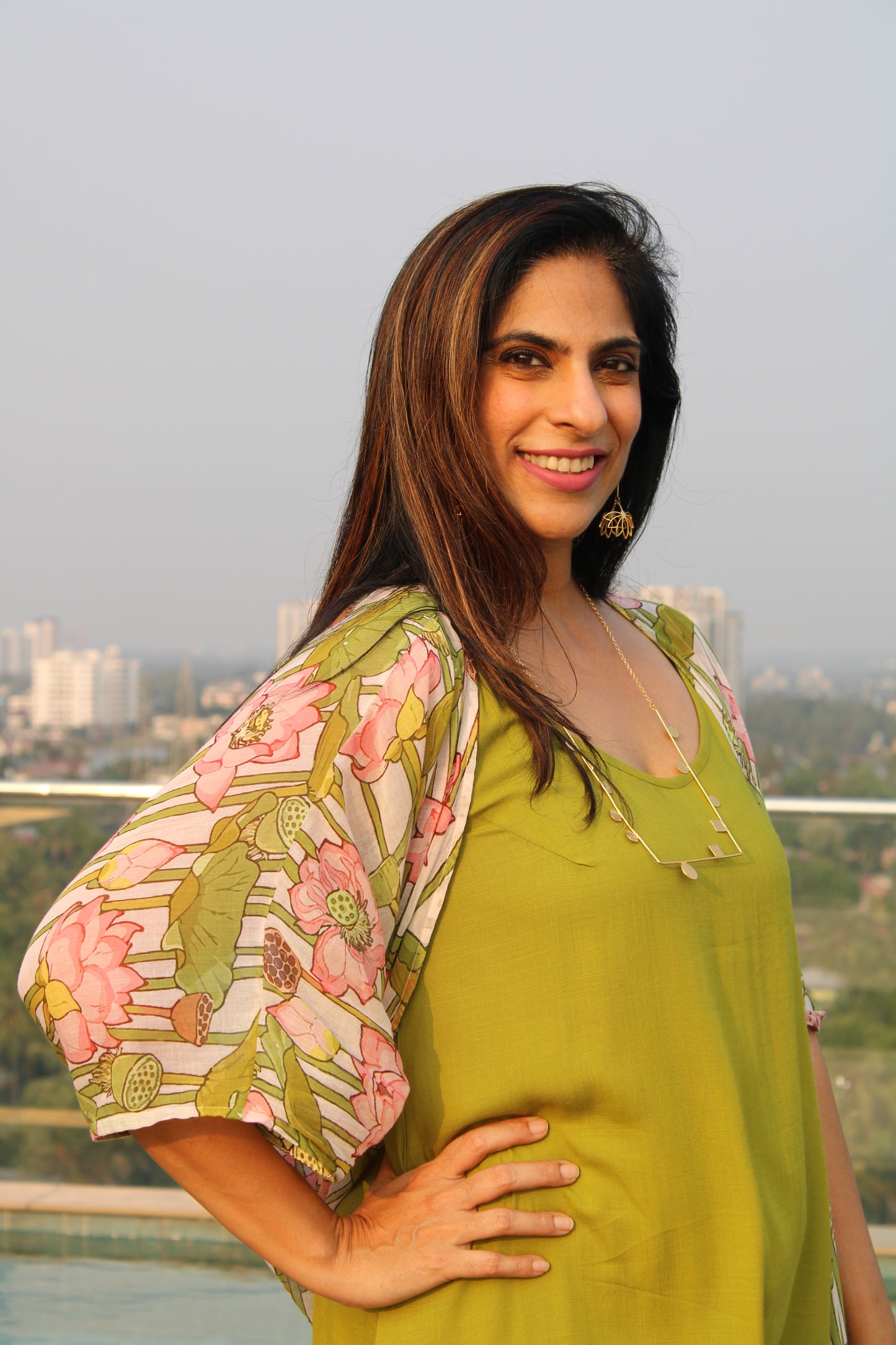 Kamalam Printed Overlay with Green Cotton Slip