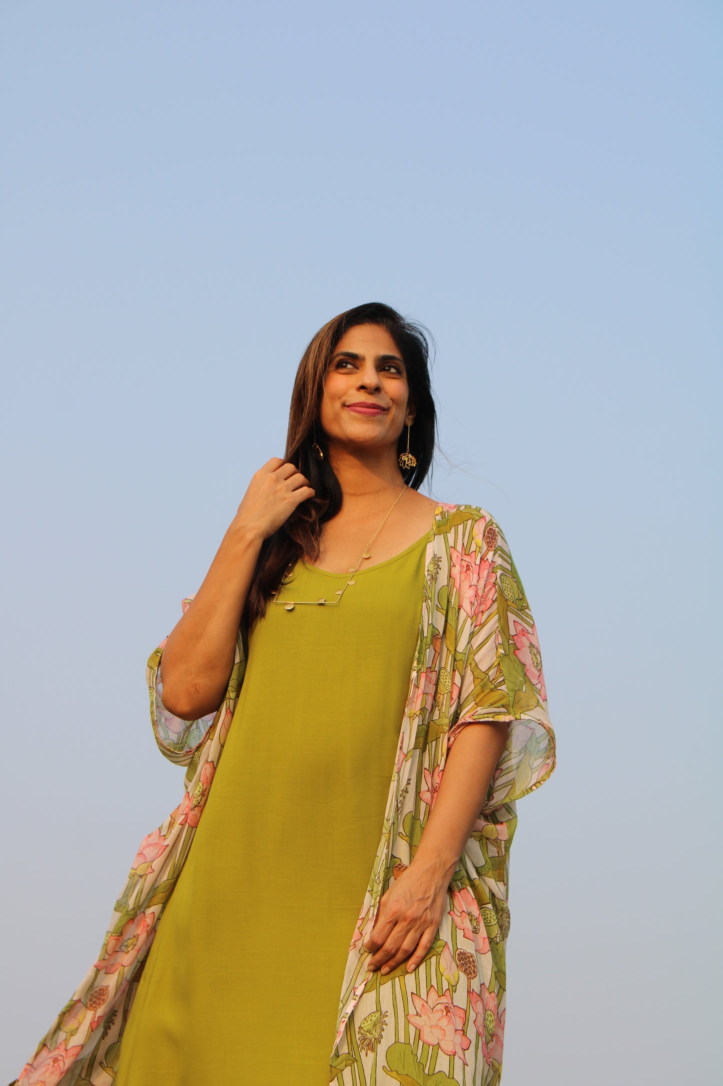 Kamalam Printed Overlay with Green Cotton Slip