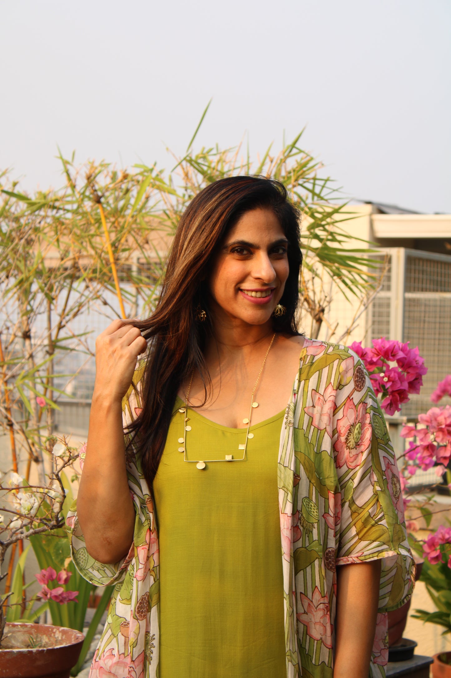 Kamalam Printed Overlay with Green Cotton Slip