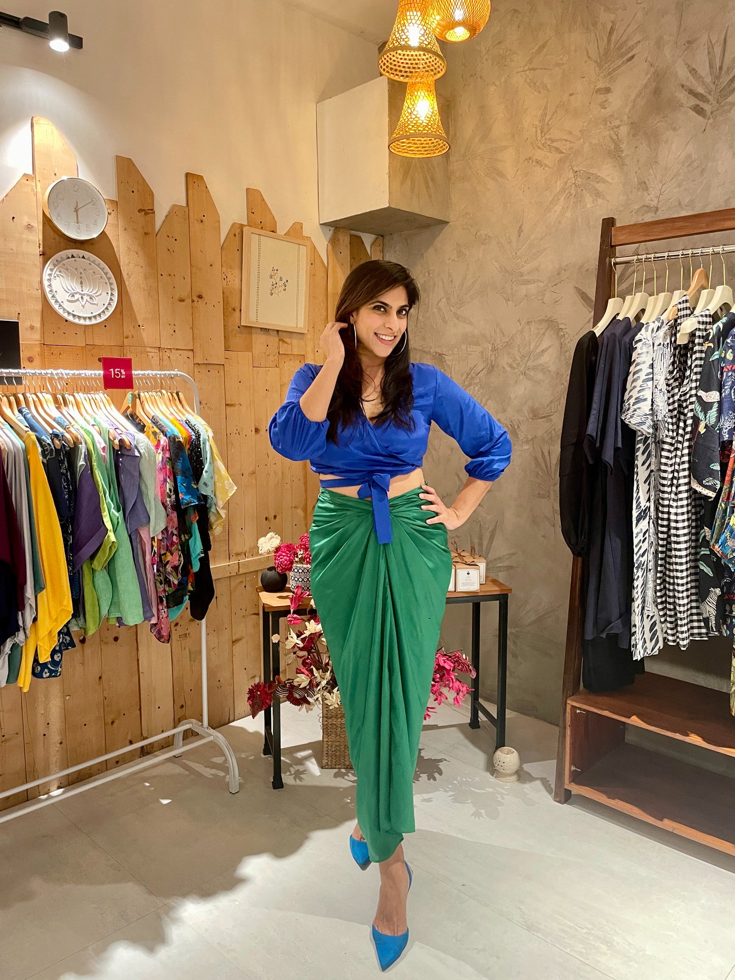 Dark Blue Rap Tie Crop Top & Green Drape Skirt