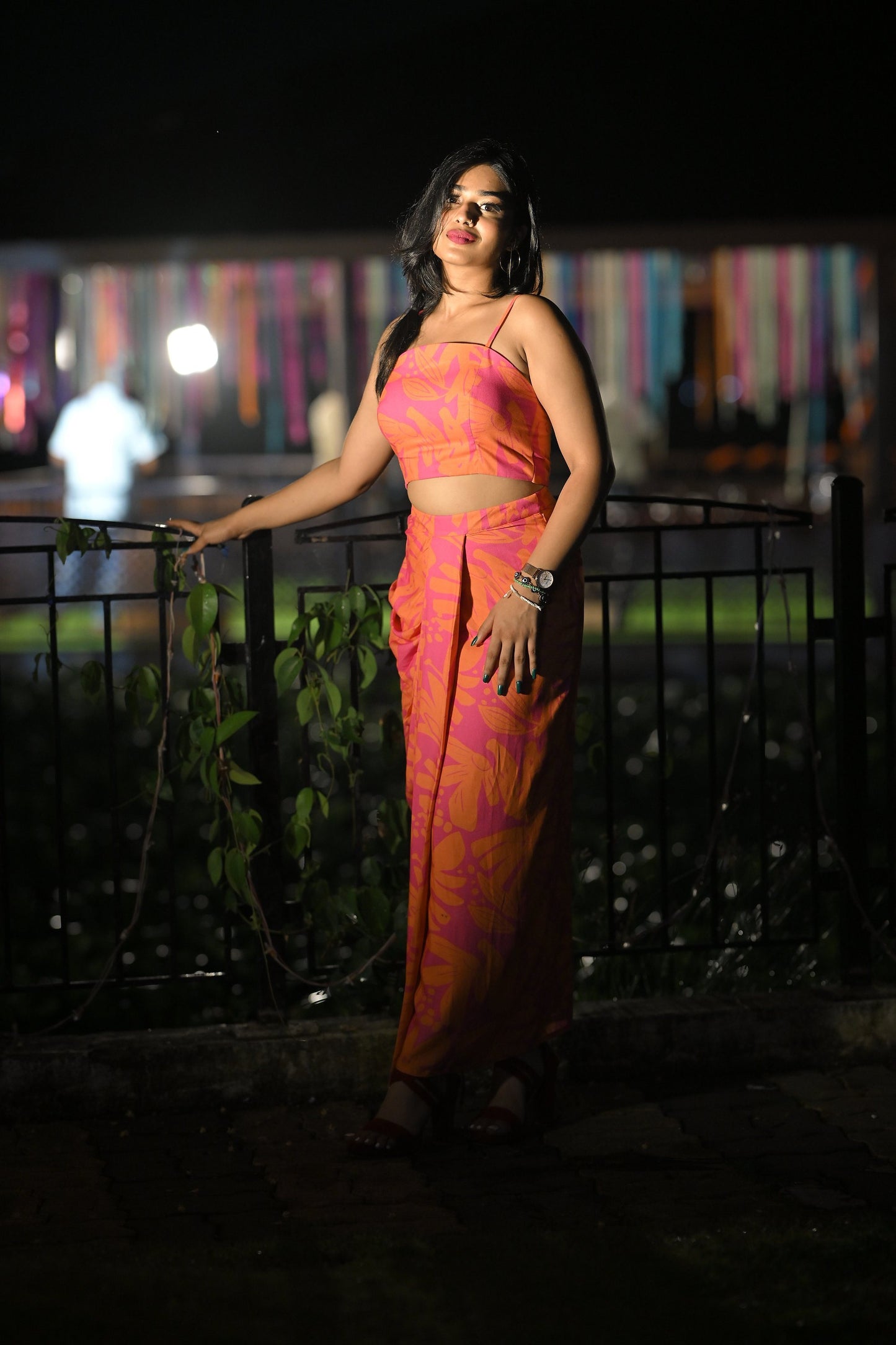 Orange and Pink Floral Print Crop Top & Drape Skirt