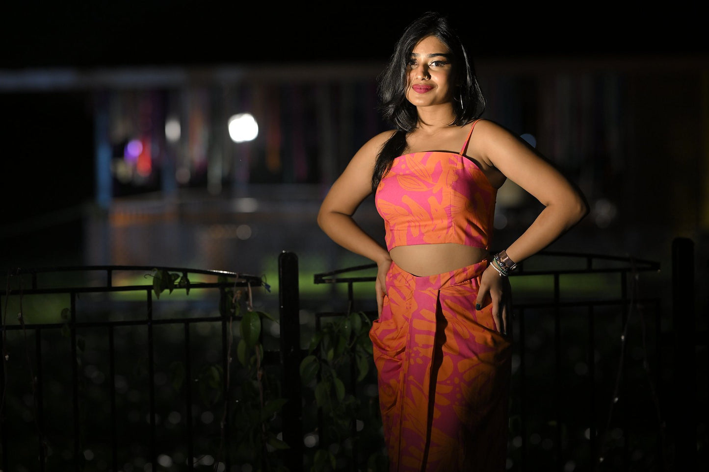 Orange and Pink Floral Print Crop Top & Drape Skirt