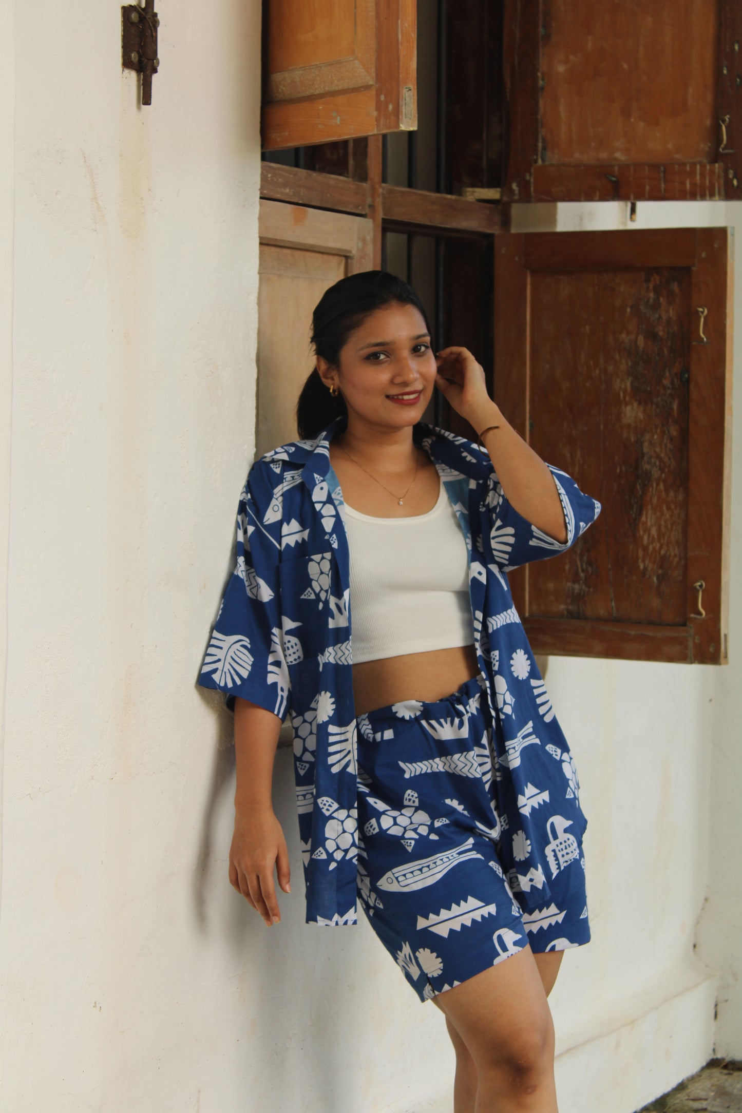 Tropical & Aqua Blue Shirt and Shorts Coord Set