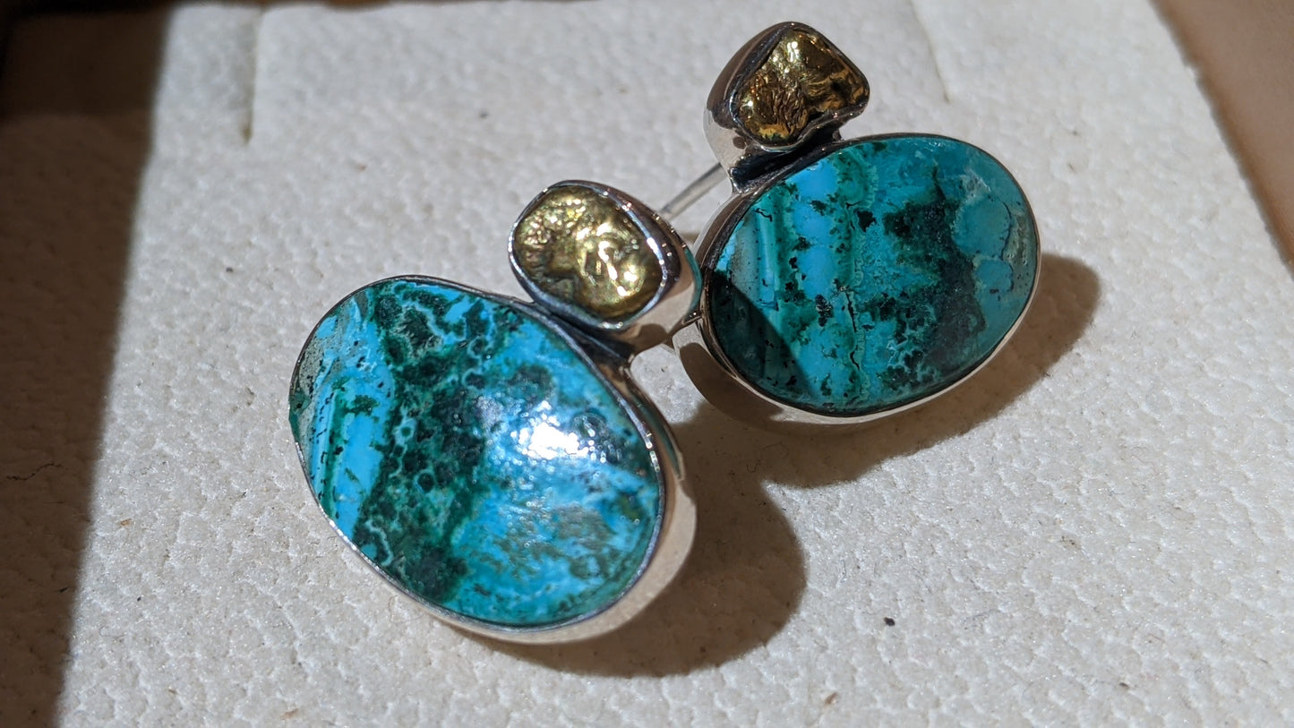 Brass and Malachite Stud Earrings