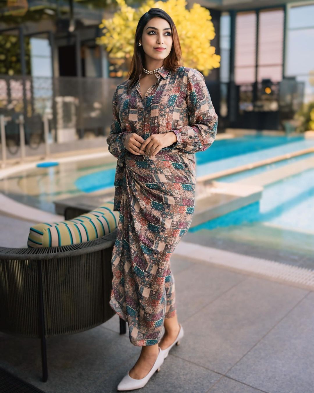 Flower Patched Print Shirt & Drape Skirt Coord Set