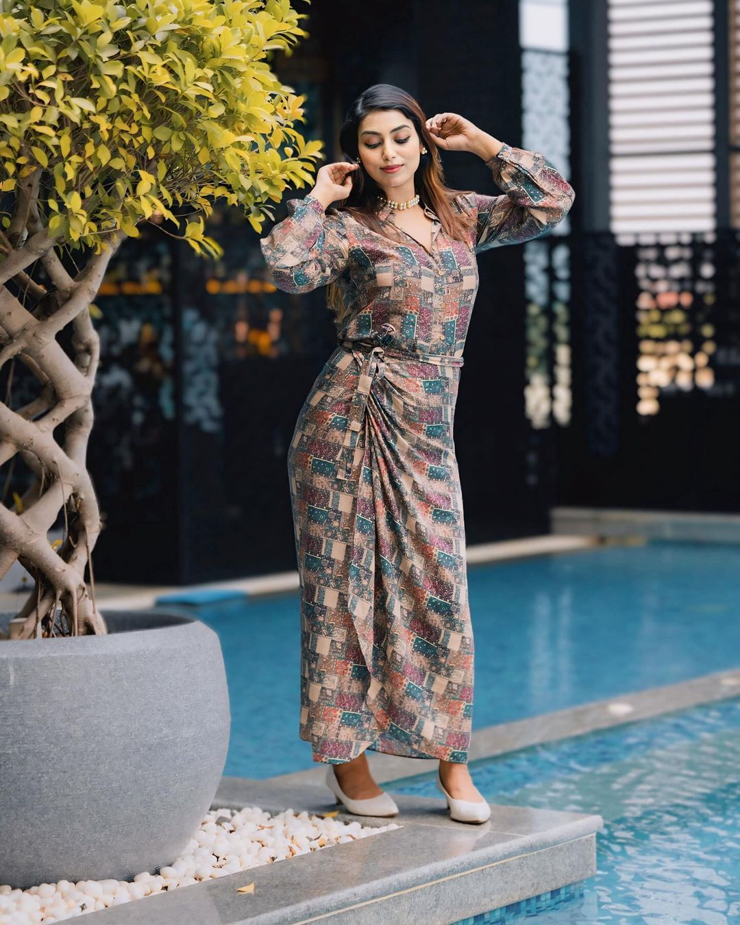 Flower Patched Print Shirt & Drape Skirt Coord Set