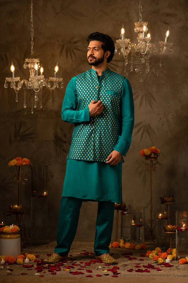 Jeku Foil Print Waist Coat with Kurta & Pant Set