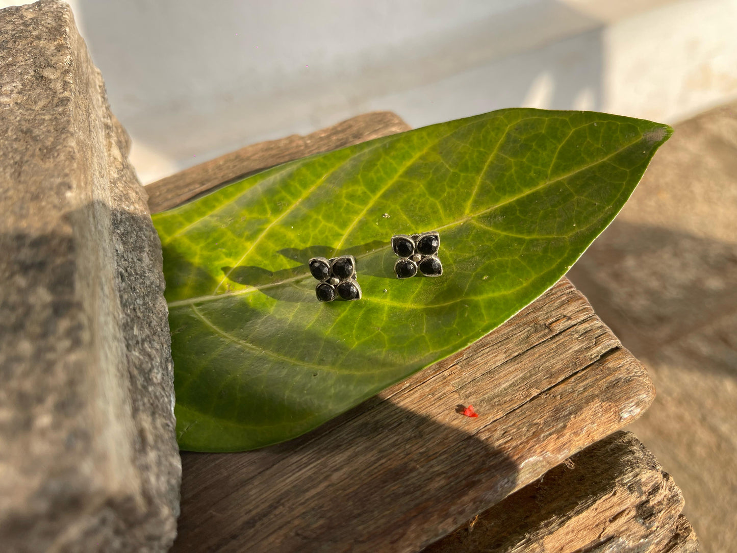 Black Stone Studs - Floral