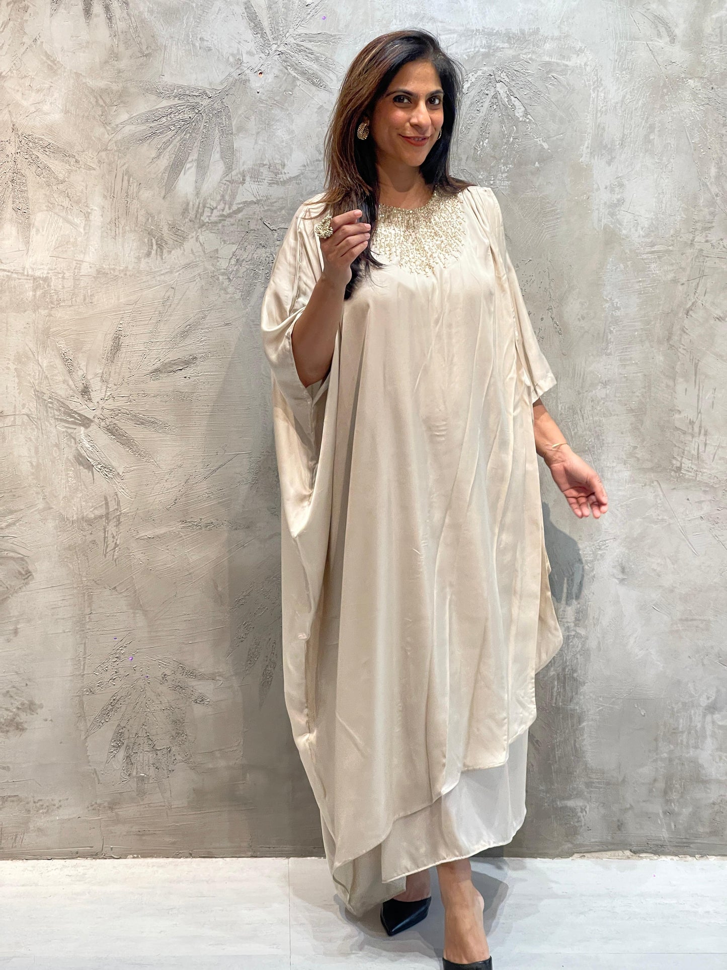 Off white gold neck Embroidered kaftan