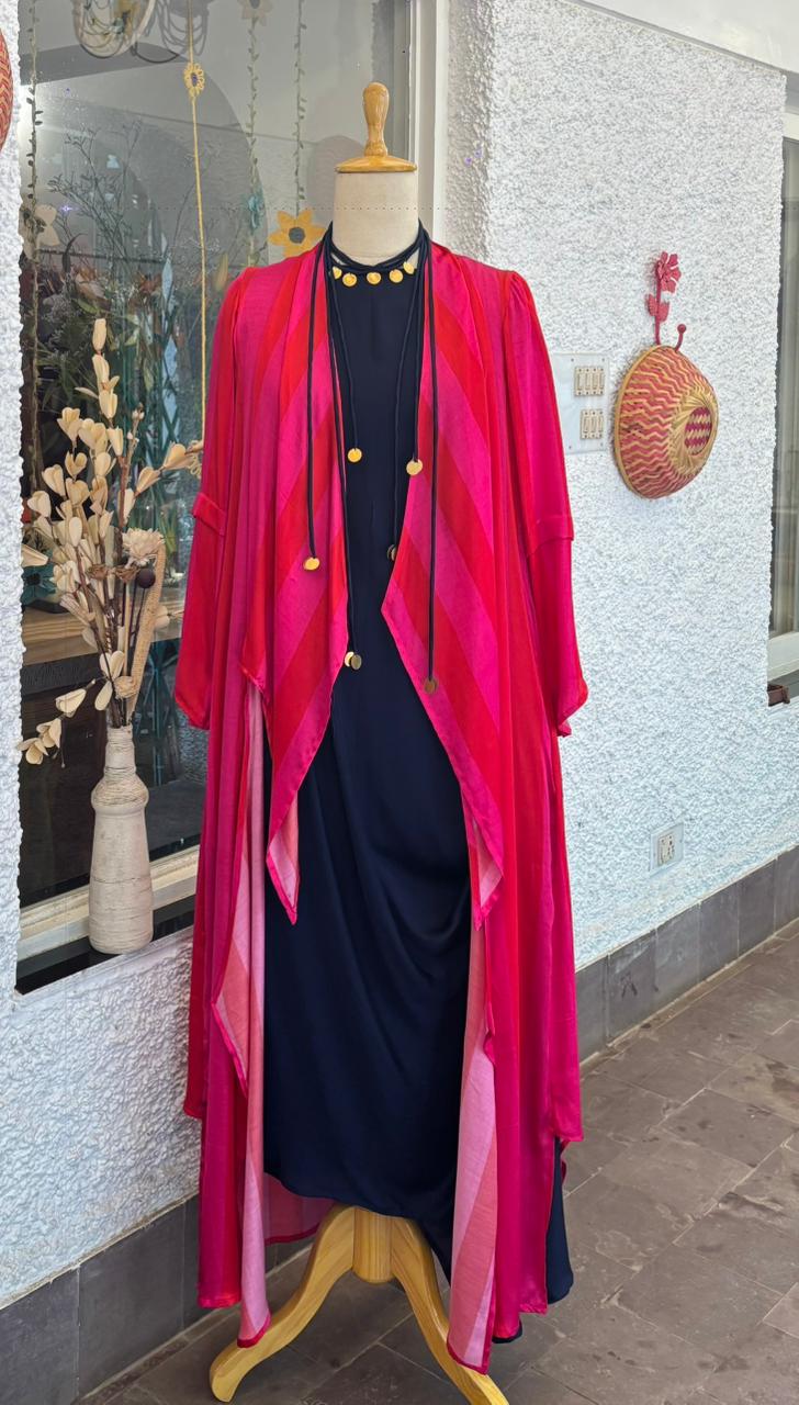 NAVY COWL DRESS WITH CAPE