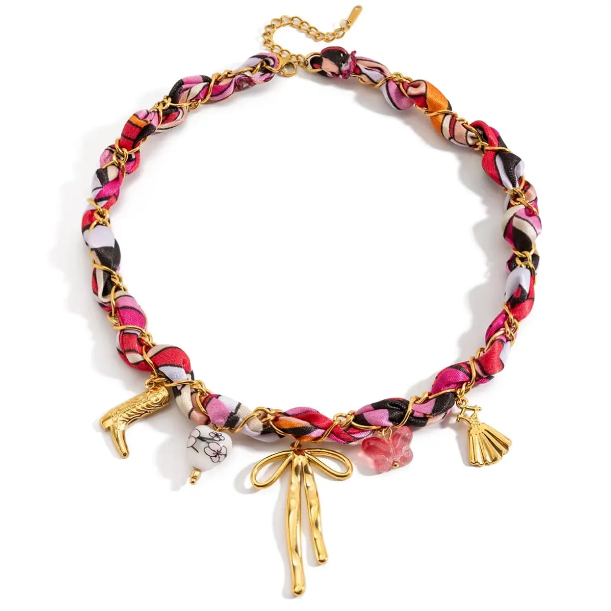 The Rosette Charm Braid Necklace | Pink Fabric & Gold-Tone Accessory