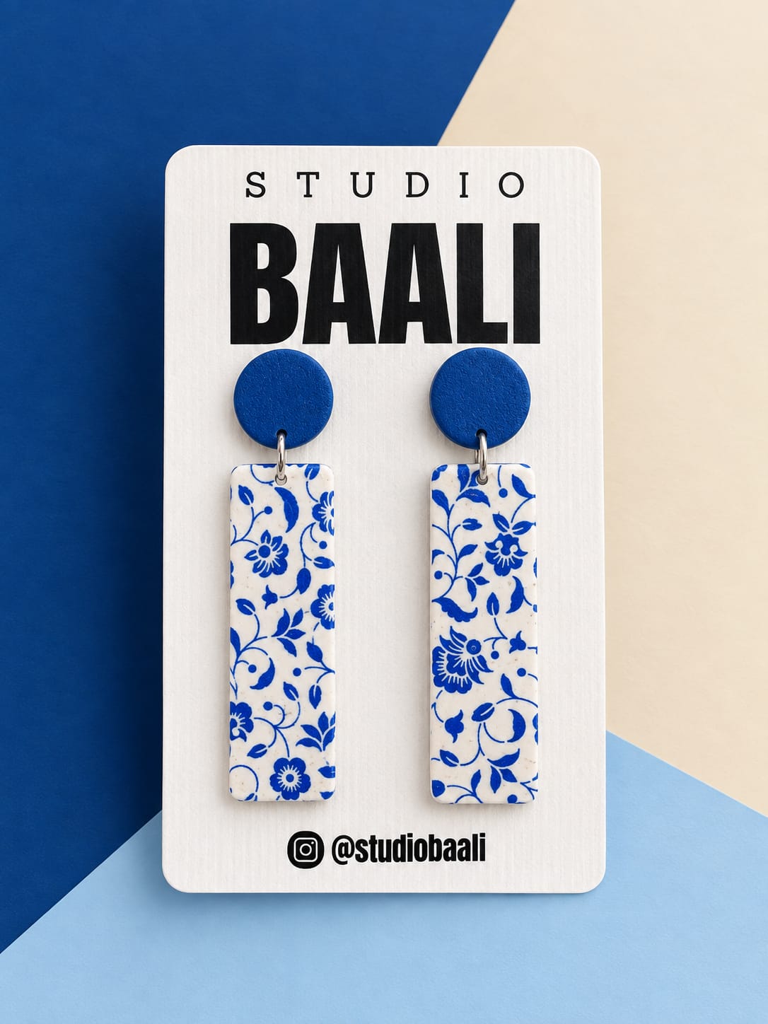 Blue floral print polymer clay drop earrings