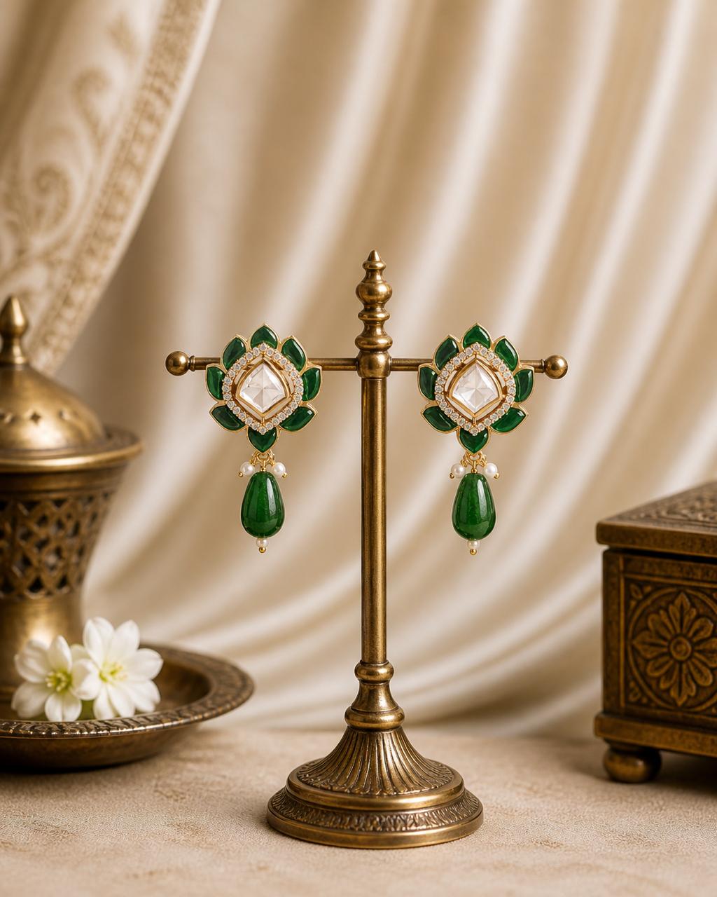 Kundan Gold-Plated Floral Stud Earrings, Green | House of Pallikkara