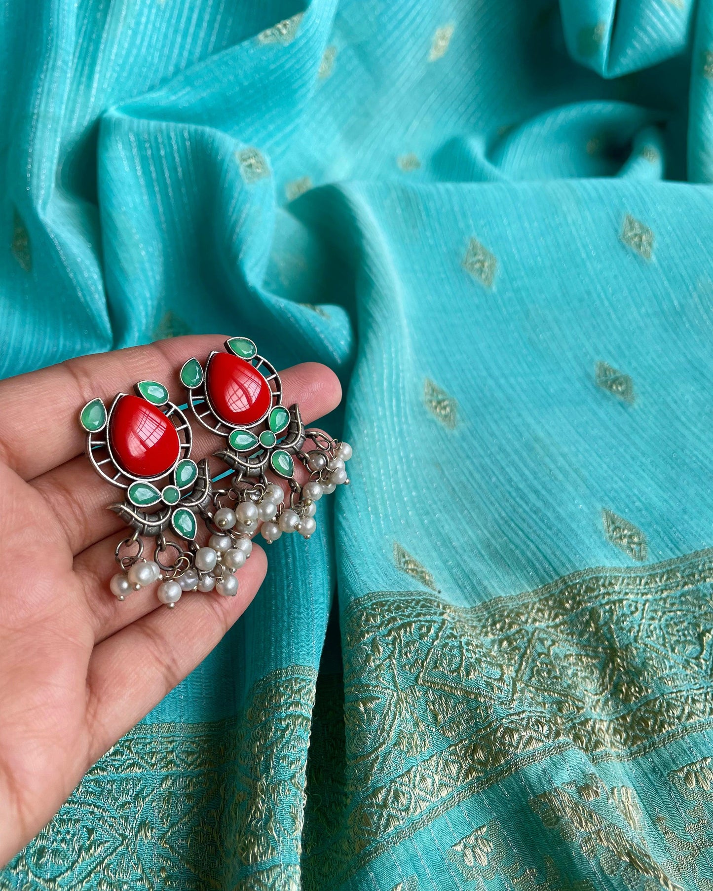 Aarohi - Red & Sea Green Mughal Earrings