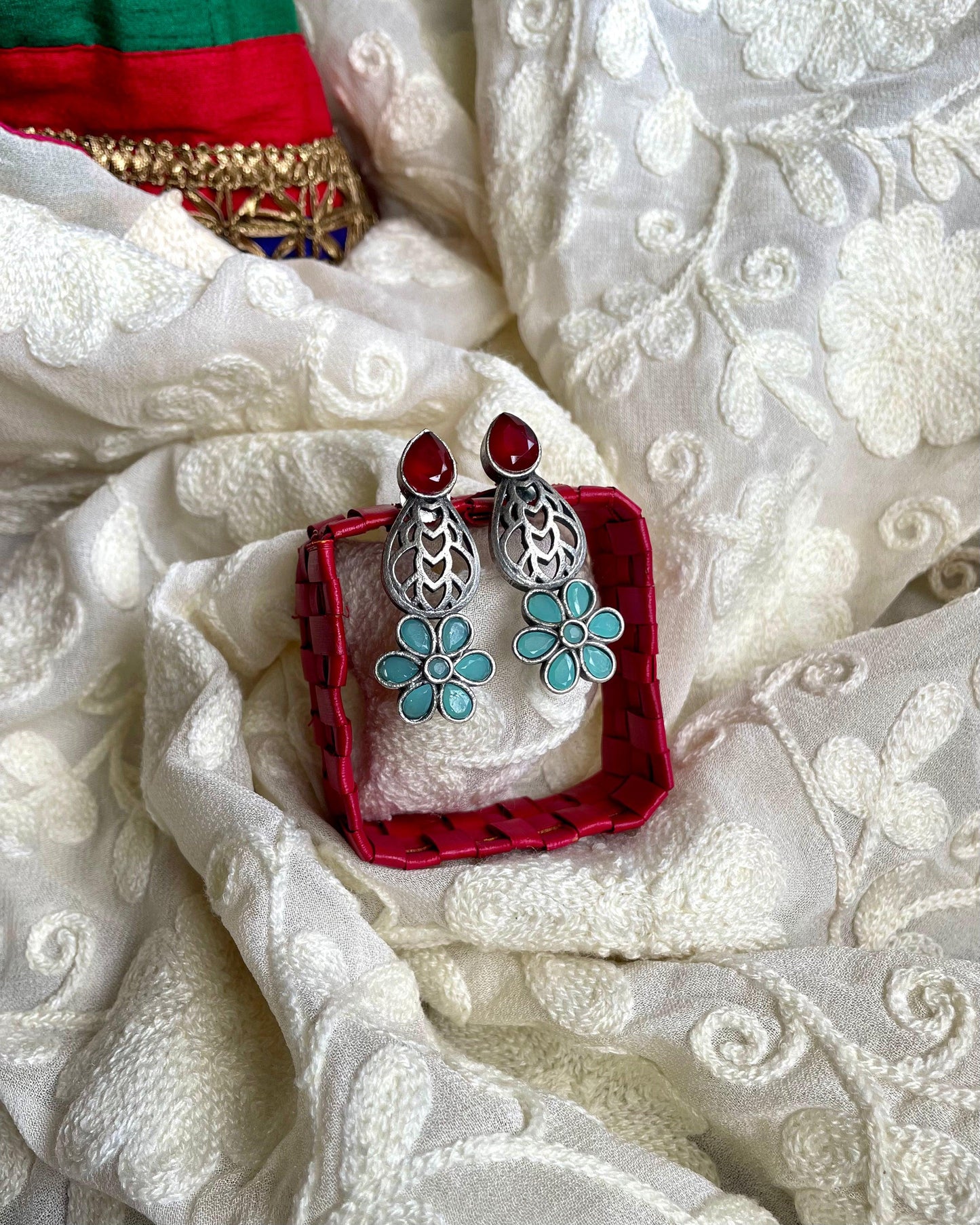 Dhwani - Floral Studs - Sea Blue + Maroon