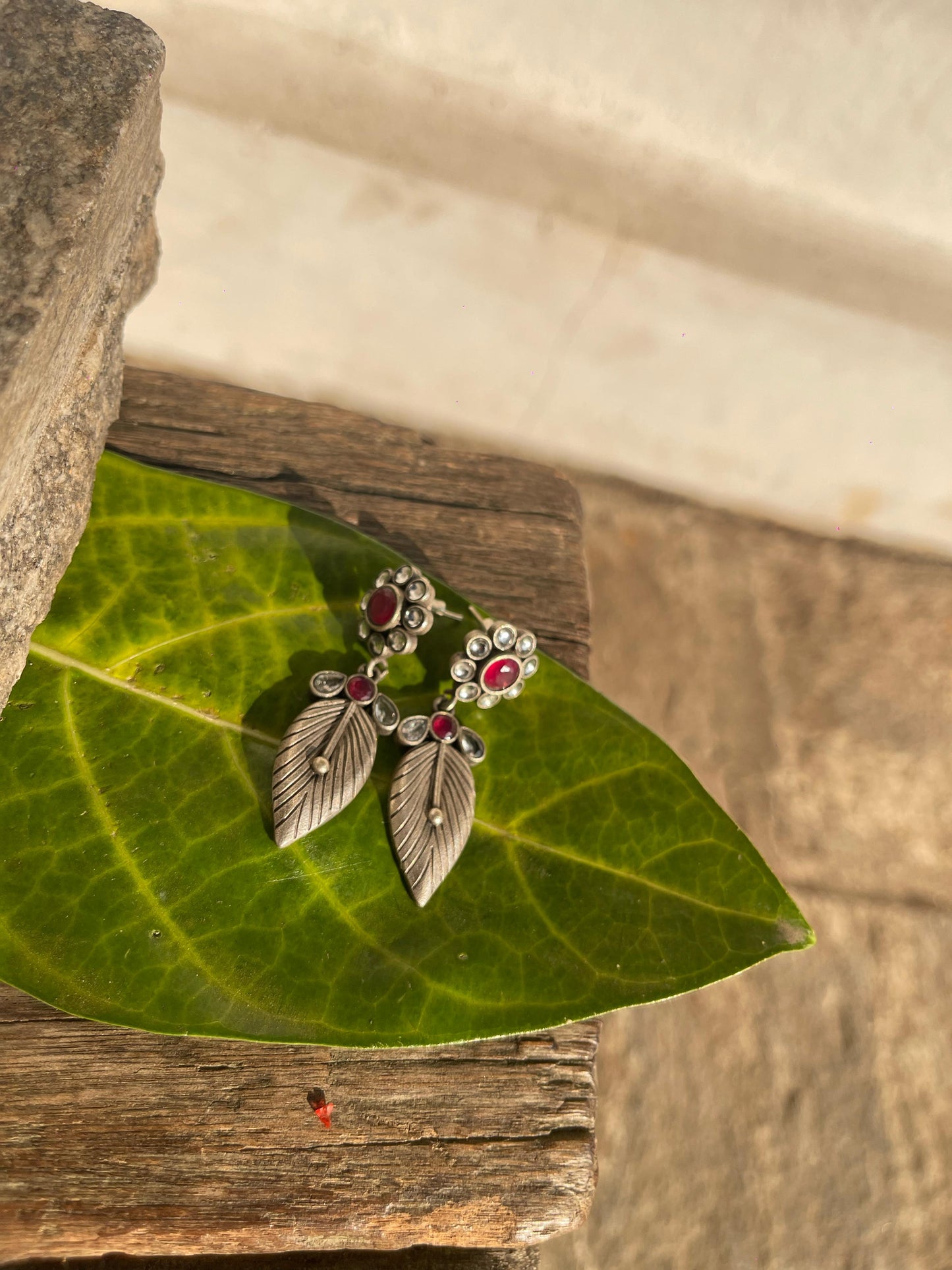 Floral + Leaf Shaped Earrings - Whitestone + Maroon