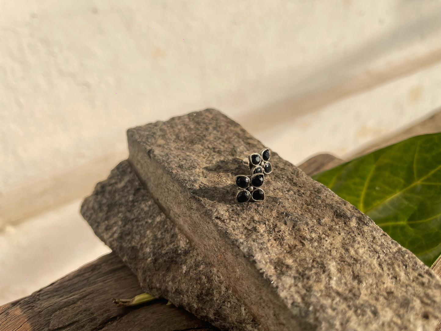 Black Stone Studs - Floral
