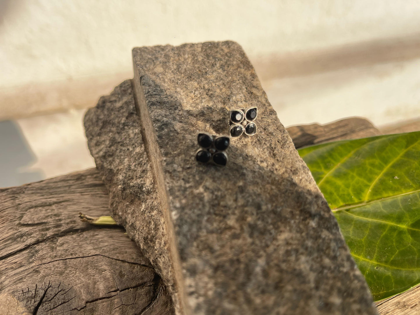 Black Stone Studs - Floral